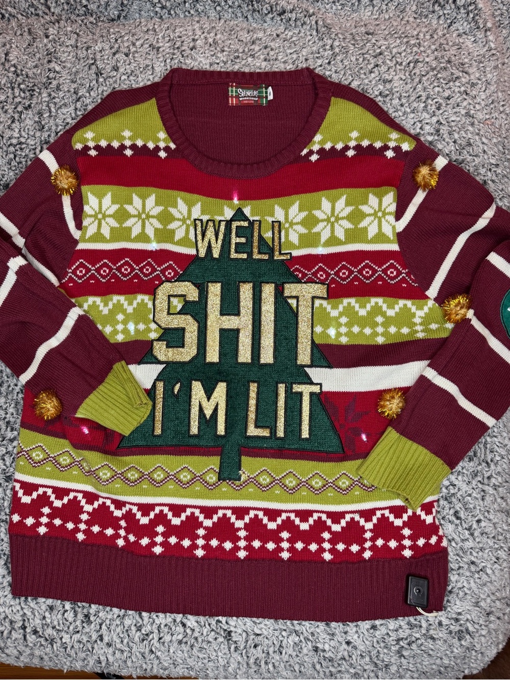 Spencer's Burgundy, Green & Gold 'Well Shit I'm Lit' Holiday Crewneck Sweater